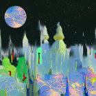 Fantasy cityscape with ornate spires under starry night sky