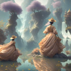 Two regal women in elaborate gowns and crowns in mystical forest setting