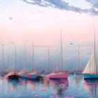 Tranquil painting of four sailboats on calm waters under pastel sky