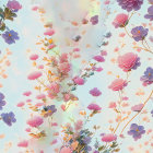 Soft pink and white floral background with delicate purple flowers and misty effect
