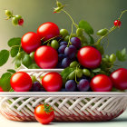 Ripe red and purple plums with golden grapes in wicker basket.