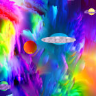Abstract cosmic scene with neon colors and planets against dark space.