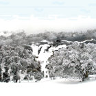 Winter scene: snowy landscape, frosted trees, cabin, distant mountains.