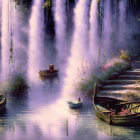 Serene waterfall landscape with vibrant purple flora