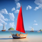 Vivid scene of sailboats with bright red sails on choppy ocean waters