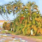 Beach scene with palm trees, sunny skies, and bird in flight