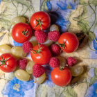 Colorful Still Life with Basket, Tomatoes, Grapes & Soft Background