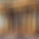 Neoclassical building with glowing columns in dreamy haze