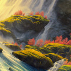 Tranquil waterfall in lush greenery with sunlight and autumnal hues