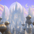 Fantastical crystal city with ornate spires in purple sky