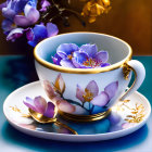 Porcelain tea cup with gold trim and purple flowers on blue backdrop