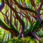 Enchanted forest with twisted purple trees and lush green undergrowth