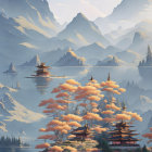 Serene autumn mountain landscape with golden sunlight and misty peaks