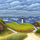 Vibrant lighthouse on floral hillside with winding road and mountain backdrop