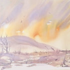 Snowy landscape with rolling hills and frosted trees at sunrise