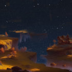 Starry Night Desert Landscape with Illuminated Rock Formations