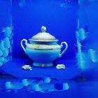 Silver Teapot Set with Intricate Designs on Satin Blue Background