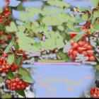 Vibrant birds on tropical branches with beach backdrop