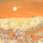 Fantastical landscape with golden clouds, temples, moon, and sunset.