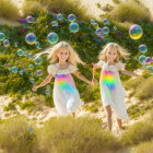 Two young girls in colorful dresses in a flower-filled meadow watching iridescent bubbles.