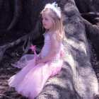 Young girl in pink dress with floral crown sitting under tree among lush purple flowers