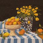 Yellow tulips, lemons, ornate vase, and cloth on dark star-patterned background