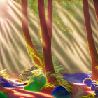 Stylized forest scene with tall trees and colorful foliage