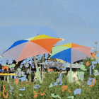 Vibrant umbrellas over yellow flower field with bubbles and birds