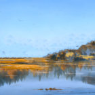 Tranquil desert landscape with blue skies and mesas reflected in water