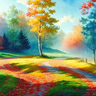 Vibrant abstract landscape painting of a colorful forest path