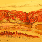 Orange-hued desert landscape at sunset with reflective water bodies