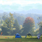 Tranquil campsite scene with tents on grassy field, misty forests, and rolling hills
