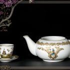 Black and Gold Marble Teacup and Teapot Set with Golden Feather Design