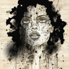 Monochrome portrait of woman with splattered ink effects