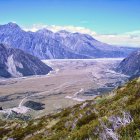 Snow-capped peaks and tranquil lake in panoramic mountain range view