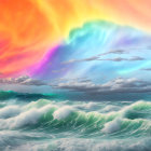 Dramatic seascape with rainbow and turbulent waves