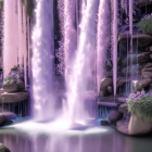 Tranquil river with misty waterfall, rowing person, and docked boats among blooming