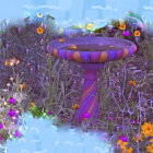 Bright orange-patched birds at ornate birdbaths among purple flowers under blue sky