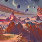 Alien landscape with towering rock formations and multiple moons in red sky