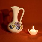 Colorful Still Life Painting with Floral Vase, Blossom, and Candle