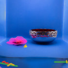 Blue Floral Pattern with Golden Bowl and Pink Lotus on Petals