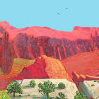 Vibrant red rock formations under clear blue sky with sparse green vegetation.