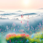 Sunlit mountains and misty valleys in serene landscape.