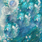 Blue and Green Floral Pattern with Swirling Lines and Textured Details