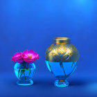 Colorful flowers in transparent vases on blue background