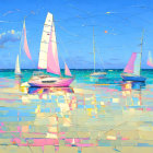 Colorful sailboats on textured ocean waves in vibrant oil painting