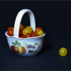 Realistic painting of white basket with red tomatoes and green apples