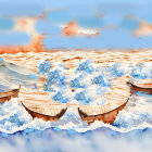 Wooden Boats on Reflective Water Surface in Salt Flat with Cloudy Sky