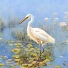 Two Great Egrets in Blue Water with Flowers and Flying Birds