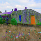 Orange Cottage with Green Roof in Colorful Meadow and Pastel Sky